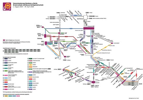 Liniennetzplan des Ersatzverkehrs mit Bussen im Korridor zwischen Hamburg und Berlin