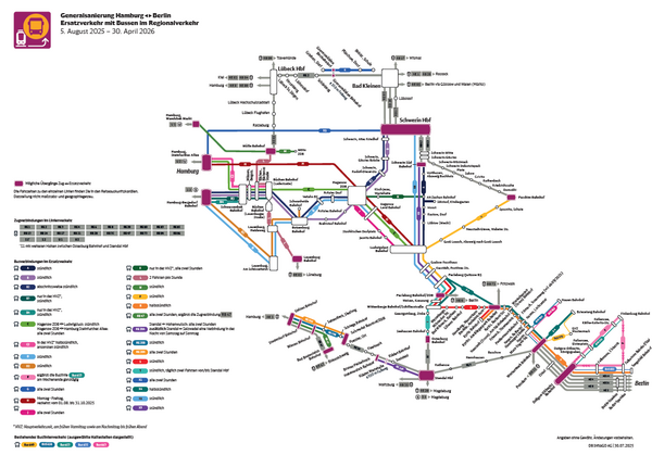 Liniennetzplan des Ersatzverkehrs mit Bussen im Korridor zwischen Hamburg und Berlin